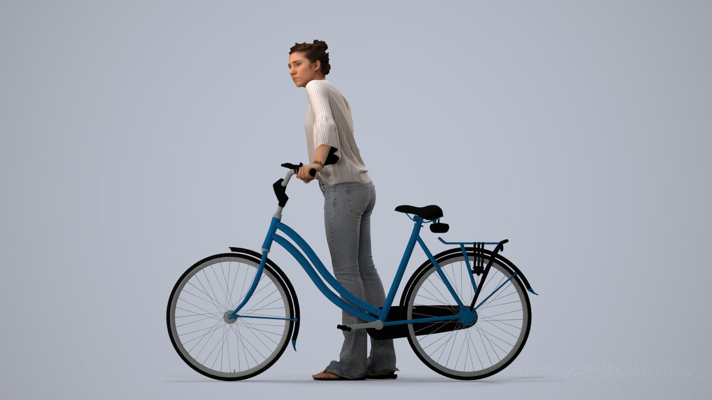 realistic 3D people woman casual cycling, render-ready for V-Ray and Corona, FBX OBJ, three-quarter view render