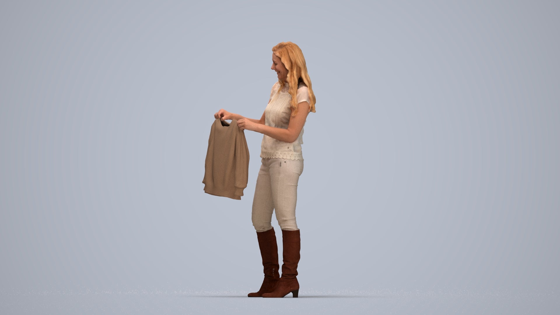 3D people model woman casual standing, scanned human for 3ds Max rendering, top-down view render