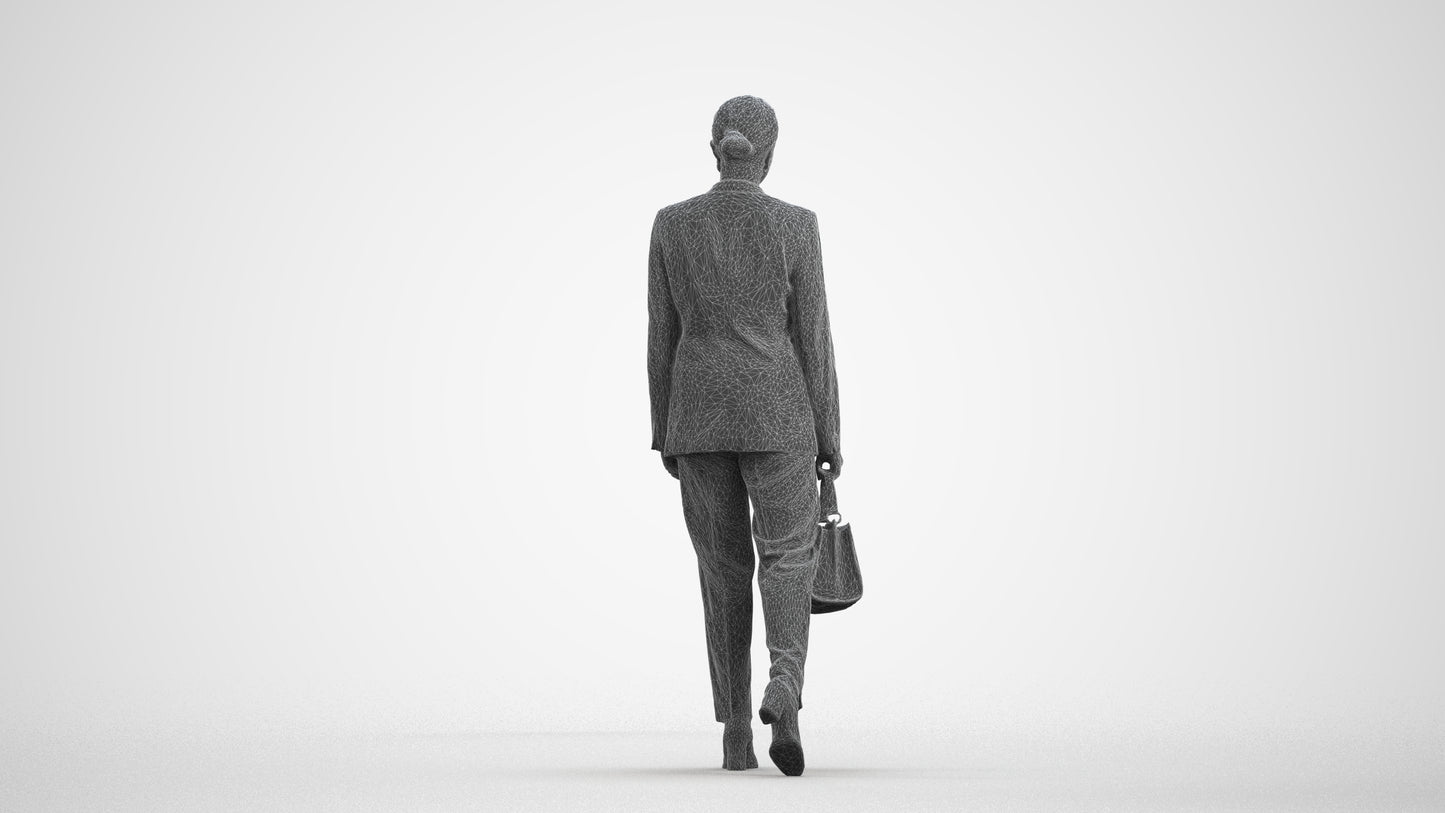 realistic 3D woman business walking, scanned archviz people for Blender and 3ds Max, wireframe front view