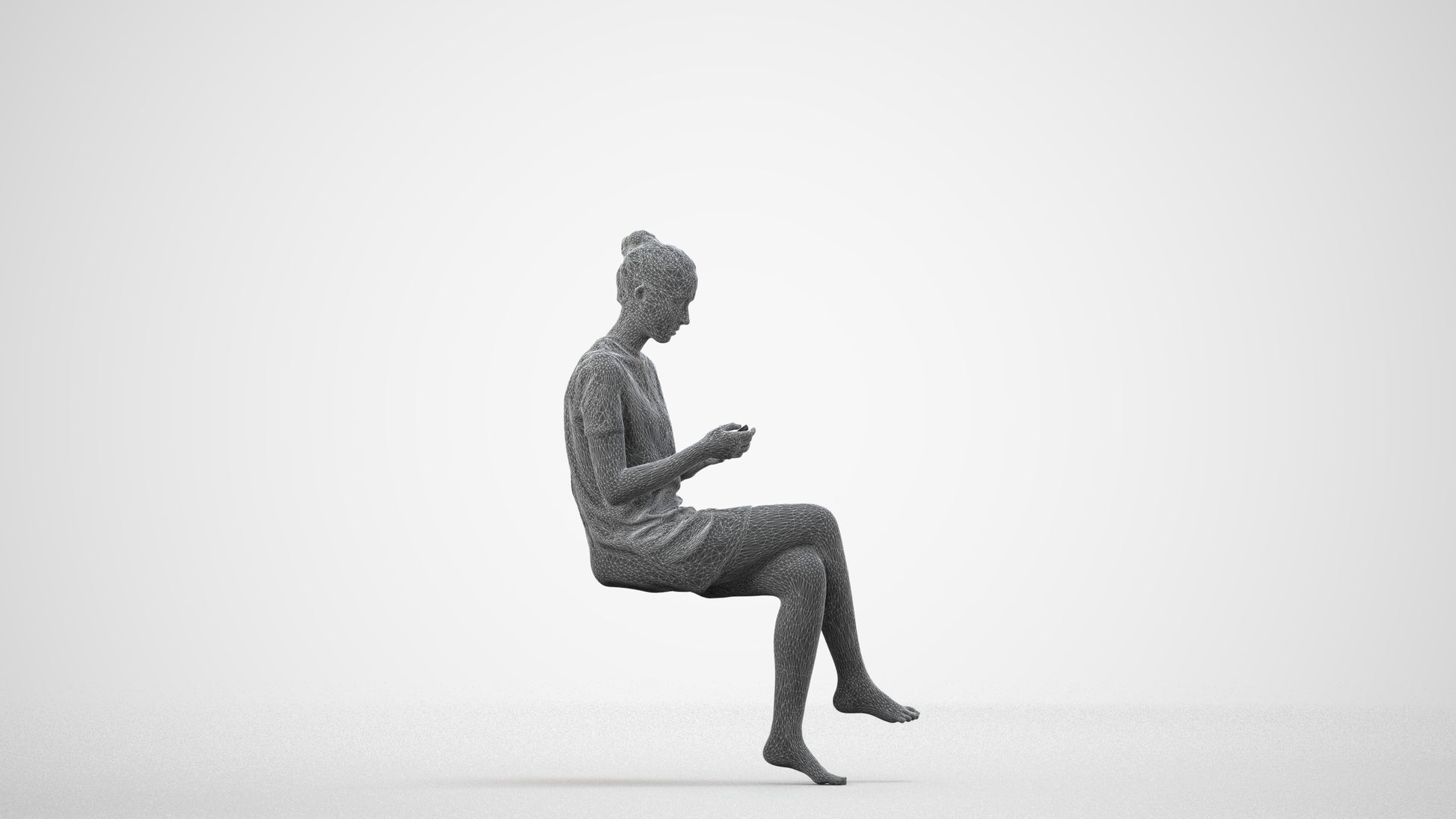 3D scanned woman sitting casual, photorealistic archviz people for Enscape and SketchUp, wireframe side view