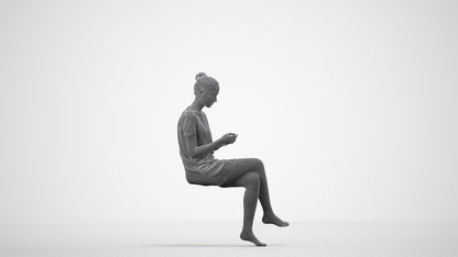 3D scanned woman sitting casual, photorealistic archviz people for Enscape and SketchUp, wireframe side view