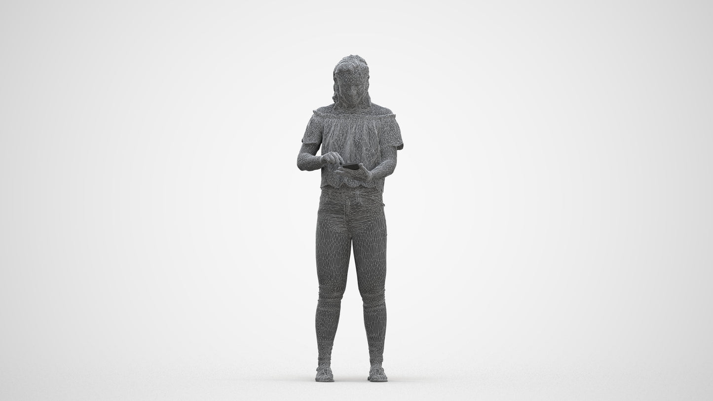 3D human model woman casual standing, photogrammetry scanned person for archviz, three-quarter front view render