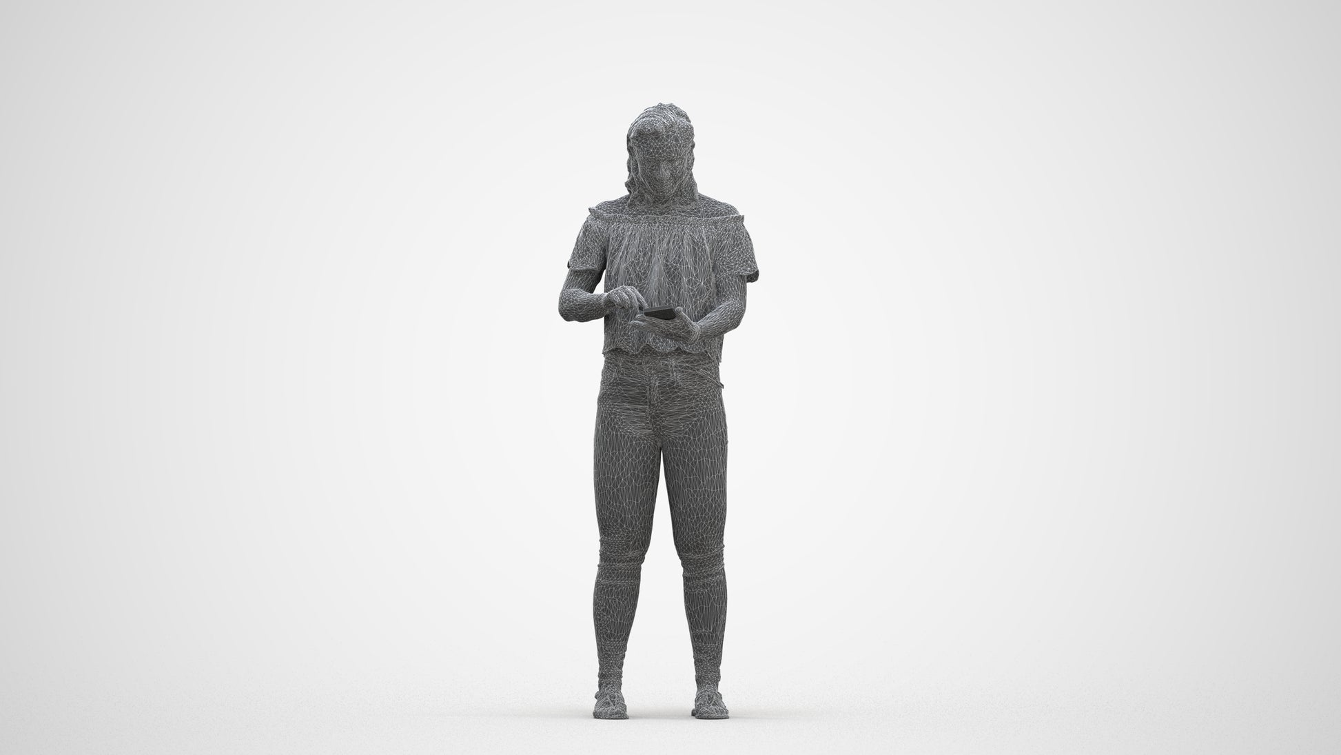 3D human model woman casual standing, photogrammetry scanned person for archviz, three-quarter front view render