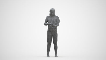 3D human model woman casual standing, photogrammetry scanned person for archviz, three-quarter front view render