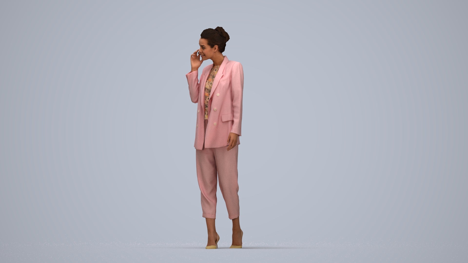 3D human model woman business walking, photogrammetry scanned person for archviz, top-down view render