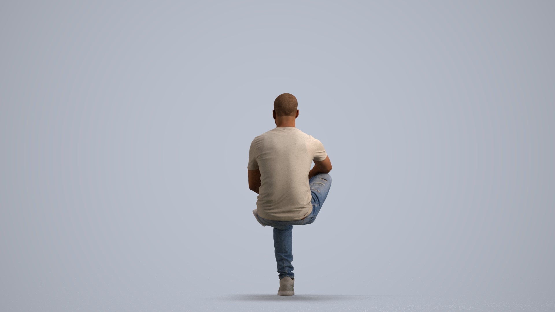 3D human model man casual sitting, photogrammetry scanned person for archviz, front view render