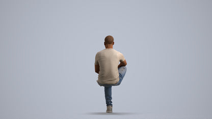 3D human model man casual sitting, photogrammetry scanned person for archviz, front view render