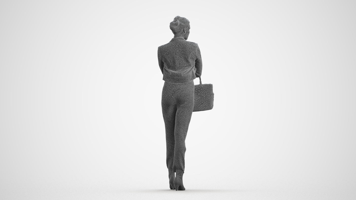 3D human model woman business standing, photogrammetry scanned person for archviz, wireframe front view