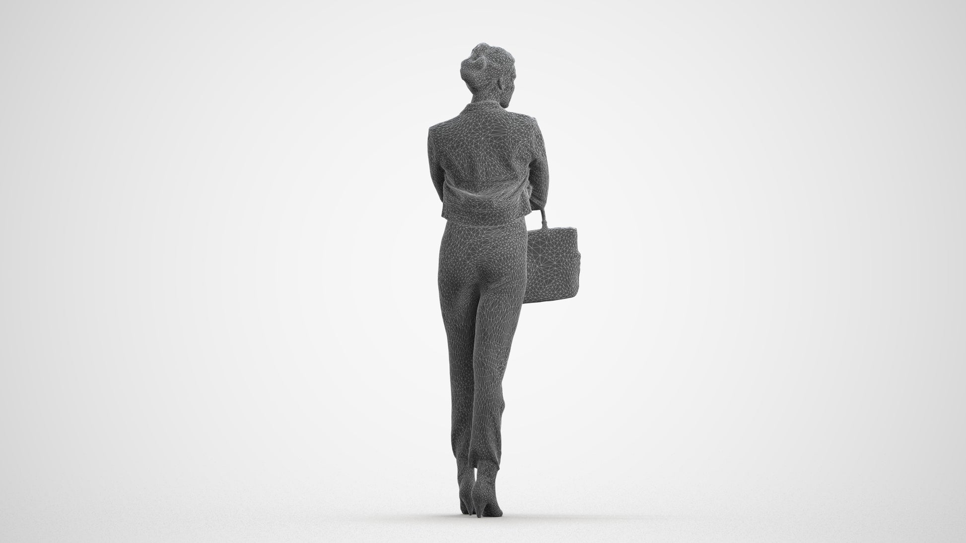 3D human model woman business standing, photogrammetry scanned person for archviz, wireframe front view
