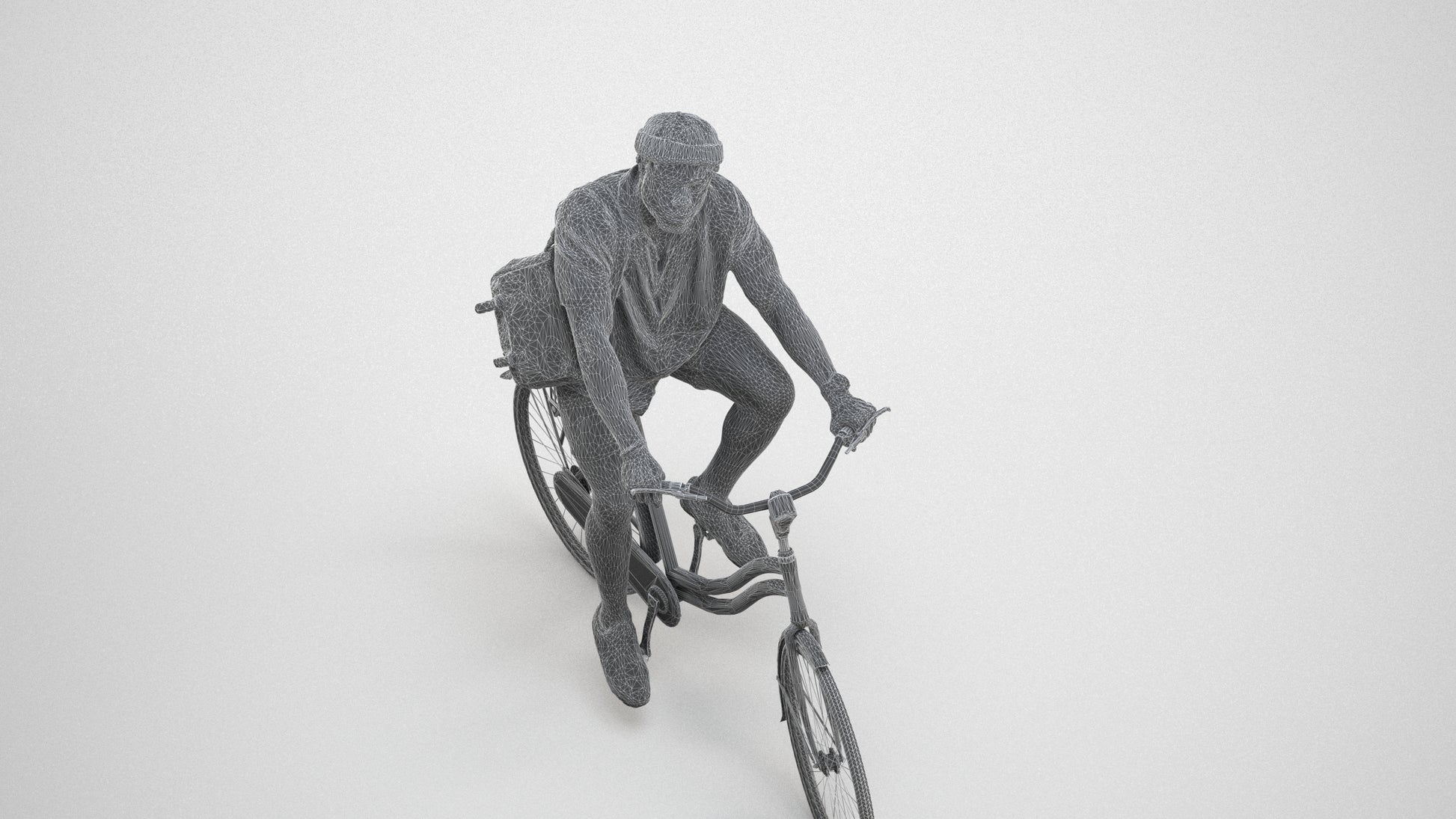 realistic 3D human man casual cycling, archviz people FBX OBJ for Blender, wireframe three-quarter view