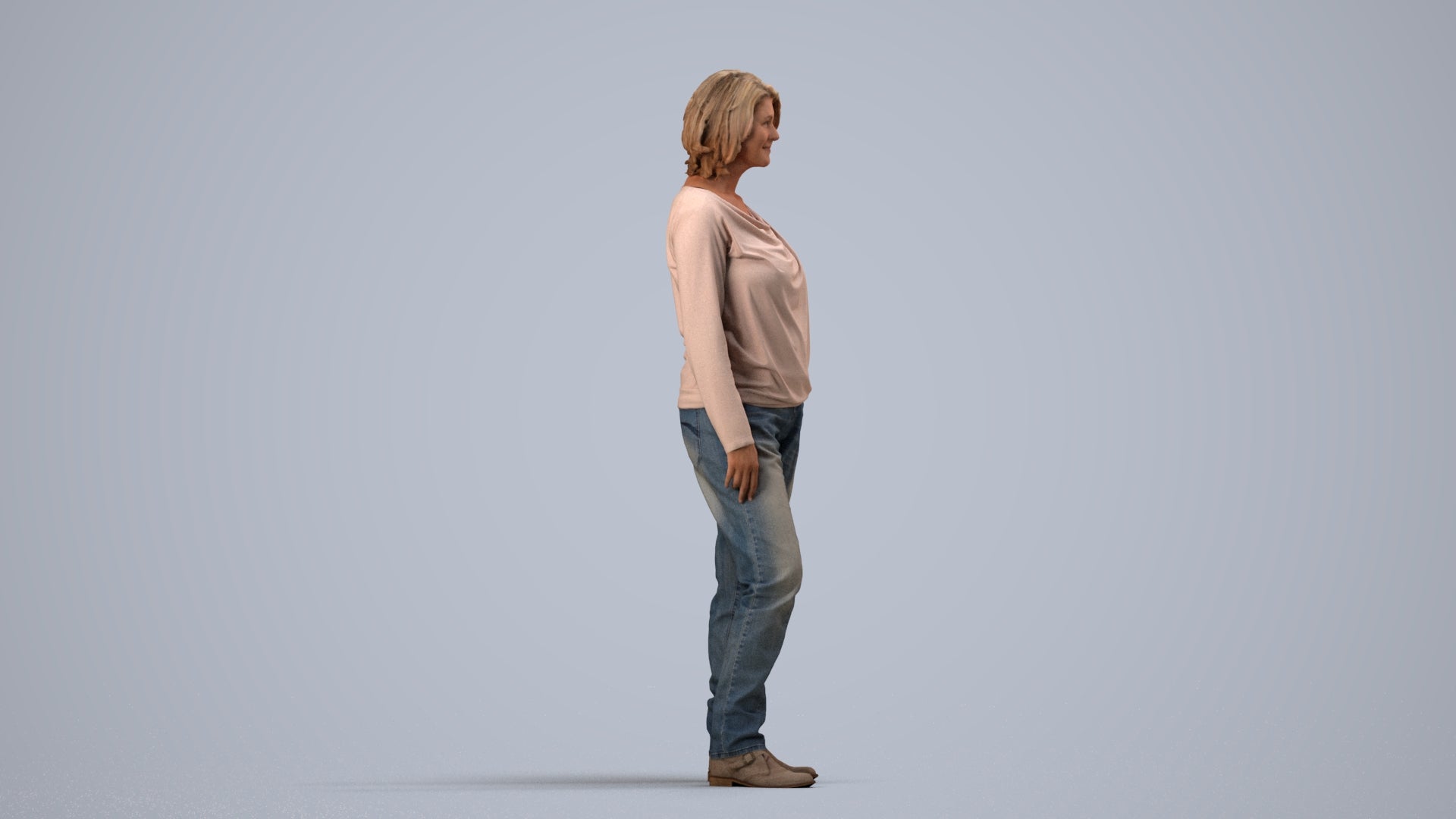 3D people model woman casual standing, scanned human for 3ds Max rendering, side view render