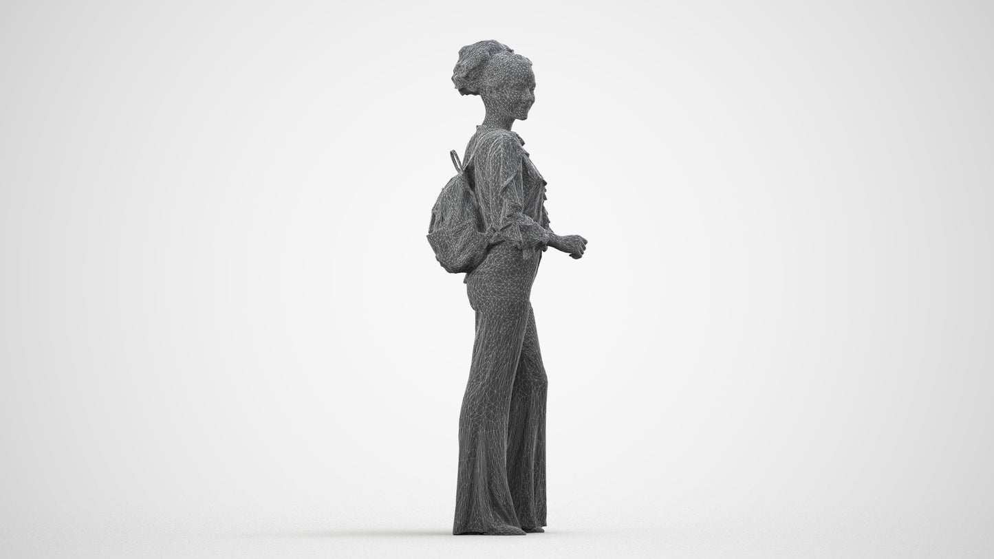 scanned 3D woman casual standing, photogrammetry people for Enscape and V-Ray, wireframe side view