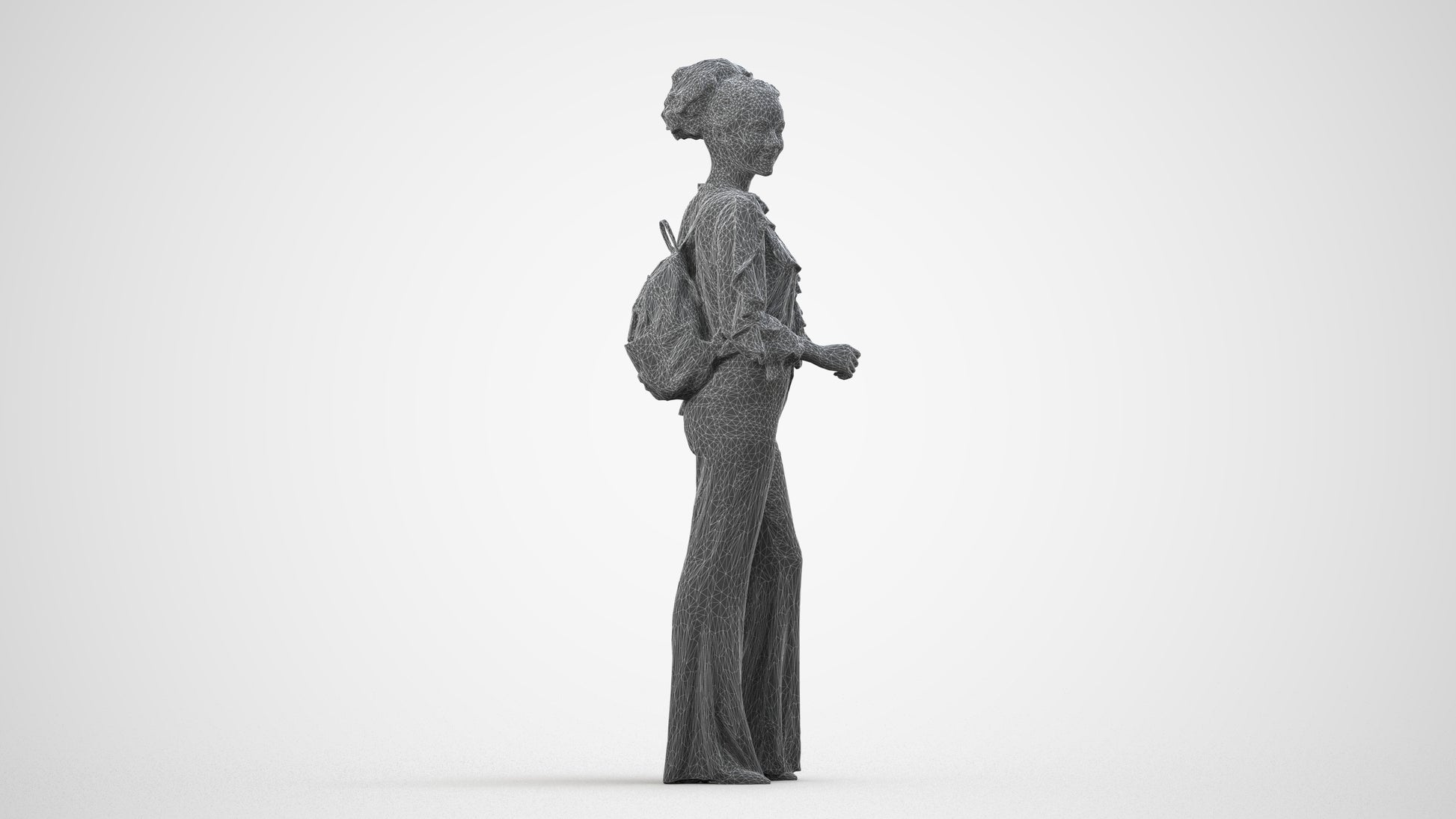 scanned 3D woman casual standing, photogrammetry people for Enscape and V-Ray, wireframe side view