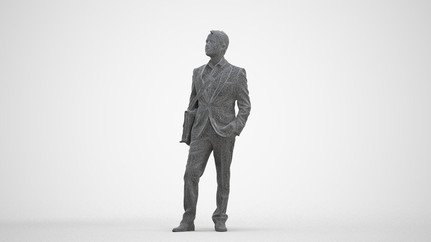 3D human model man business, photogrammetry scanned person for archviz, three-quarter front view render