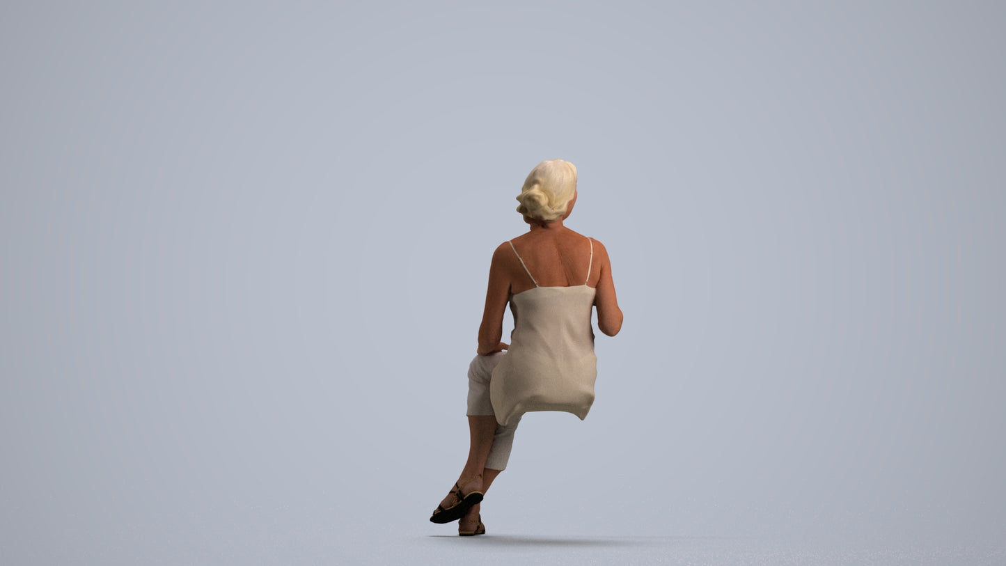 realistic 3D senior woman casual sitting, scanned archviz people for Blender and 3ds Max, front view render