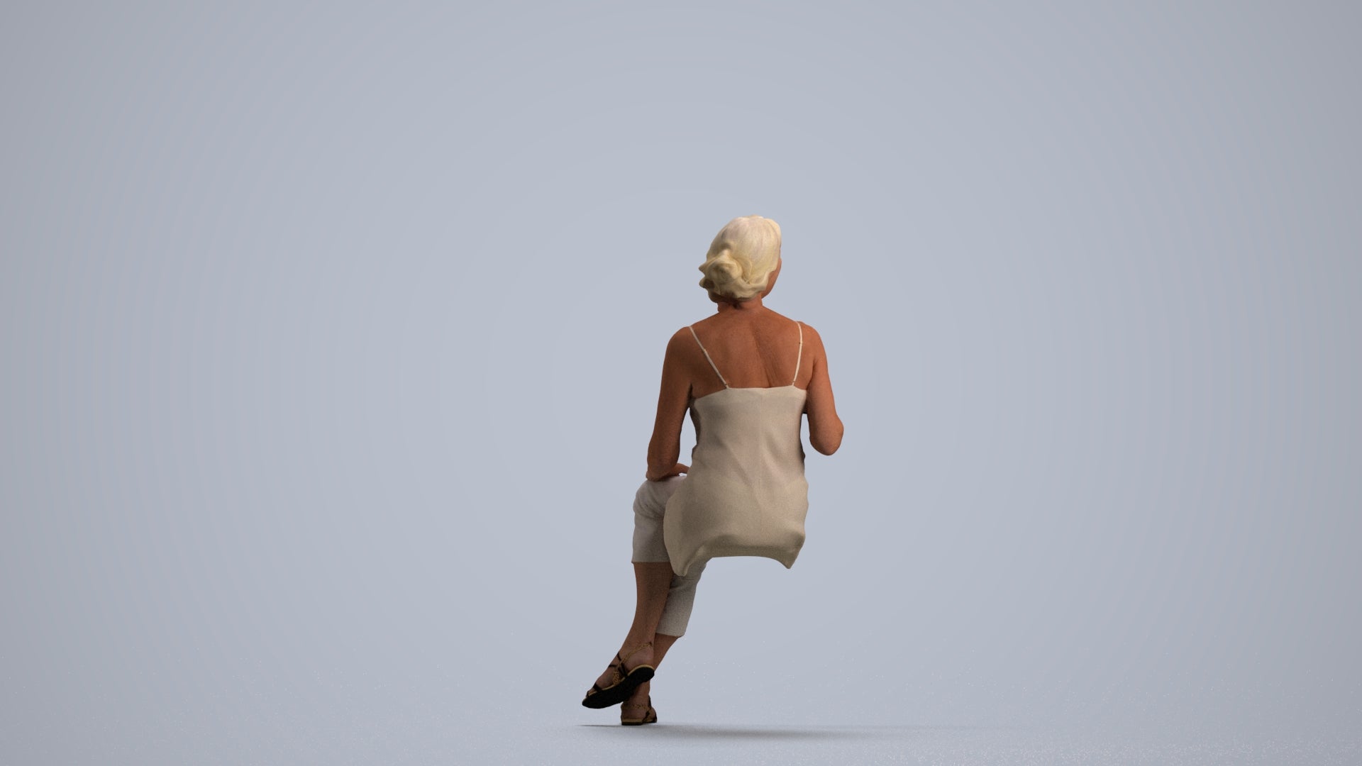 realistic 3D senior woman casual sitting, scanned archviz people for Blender and 3ds Max, front view render