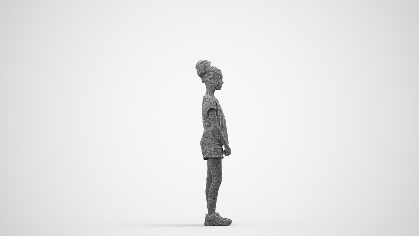 realistic 3D girl casual kids, scanned archviz people for Blender and 3ds Max, wireframe side view