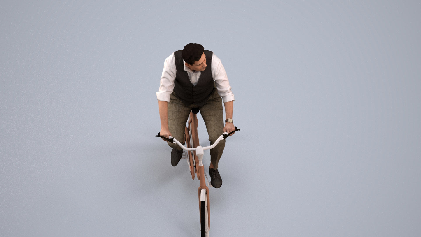 realistic 3D man business cycling, scanned archviz people for Blender and 3ds Max, back view render