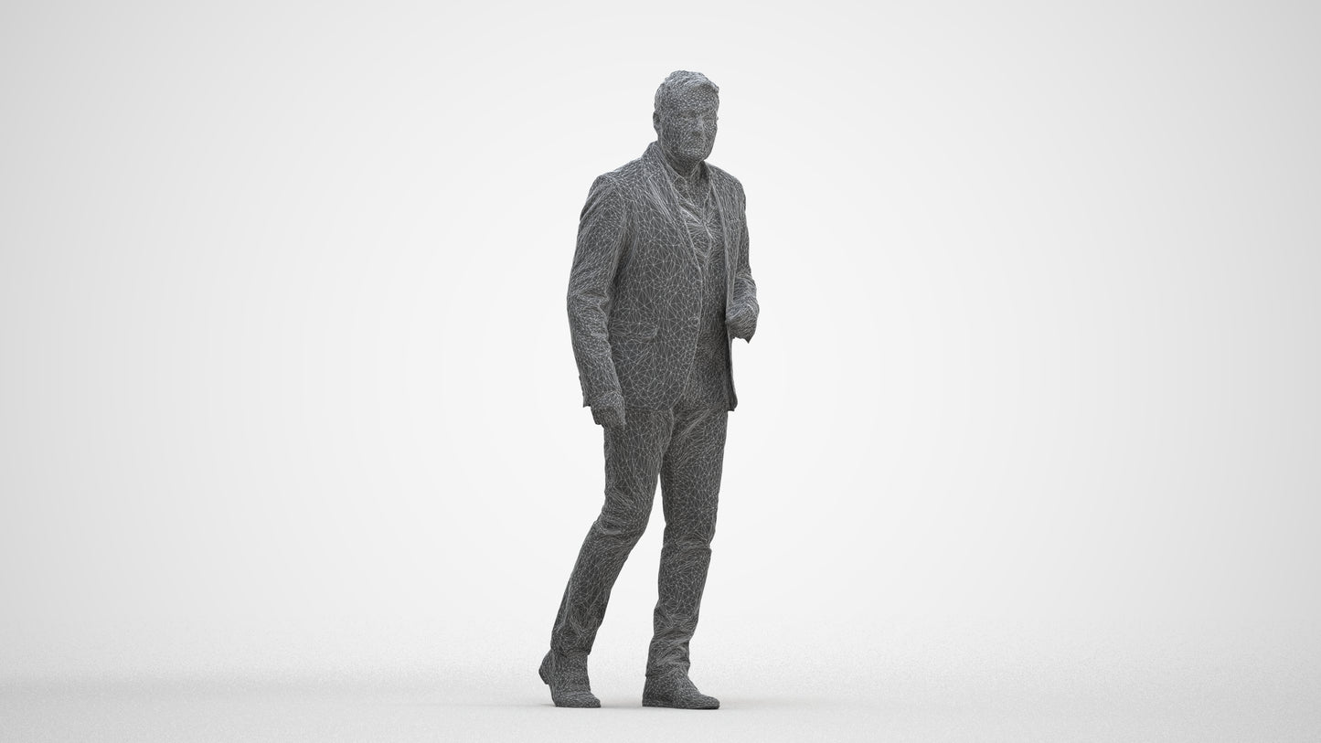 photogrammetry 3D man business walking, realistic human model archviz FBX, three-quarter front view render