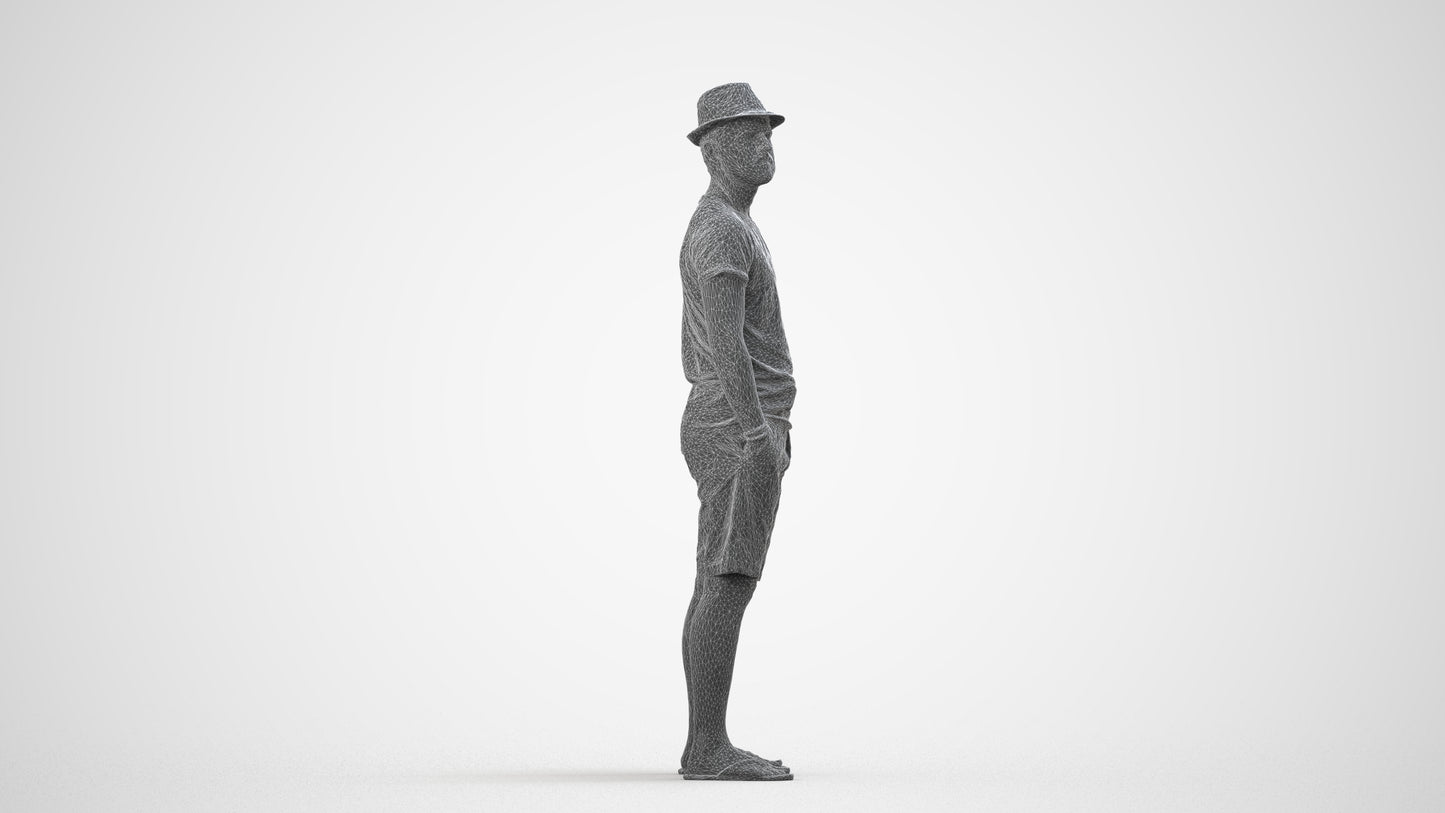 3D scanned man standing casual, photorealistic archviz people for Enscape and SketchUp, wireframe side view