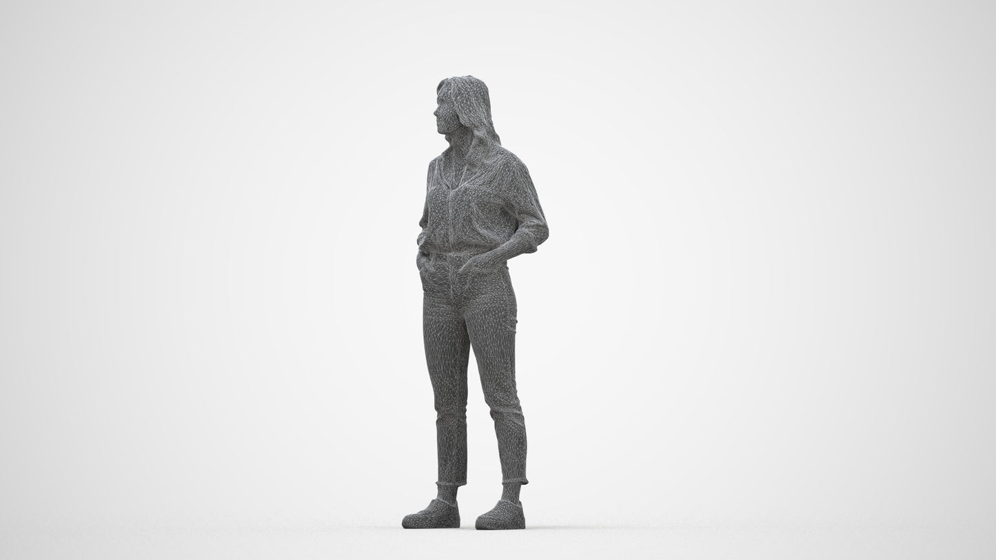 realistic 3D woman casual standing, scanned archviz people for Blender and 3ds Max, wireframe back view