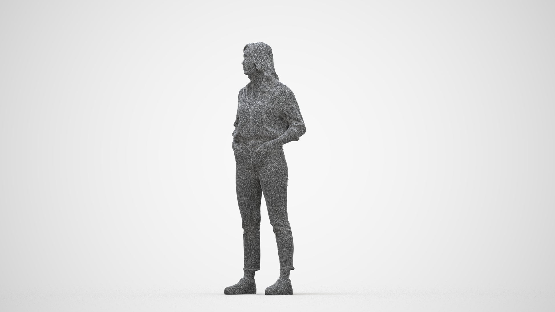 realistic 3D woman casual standing, scanned archviz people for Blender and 3ds Max, wireframe back view