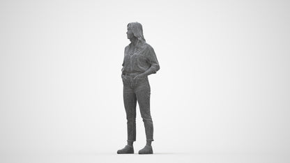 realistic 3D woman casual standing, scanned archviz people for Blender and 3ds Max, wireframe back view