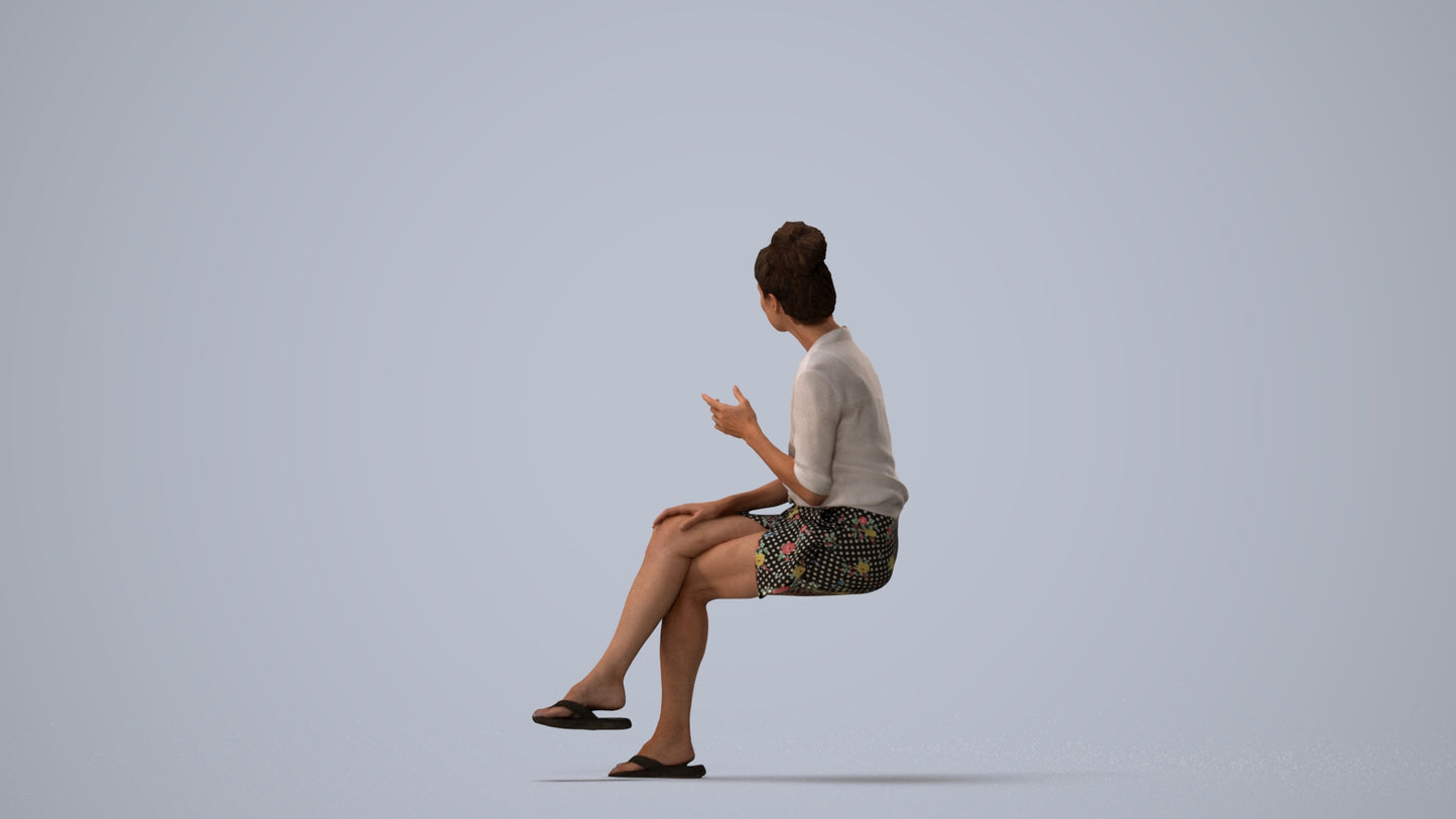 realistic 3D human woman business sitting, archviz people FBX OBJ for Blender, three-quarter view render