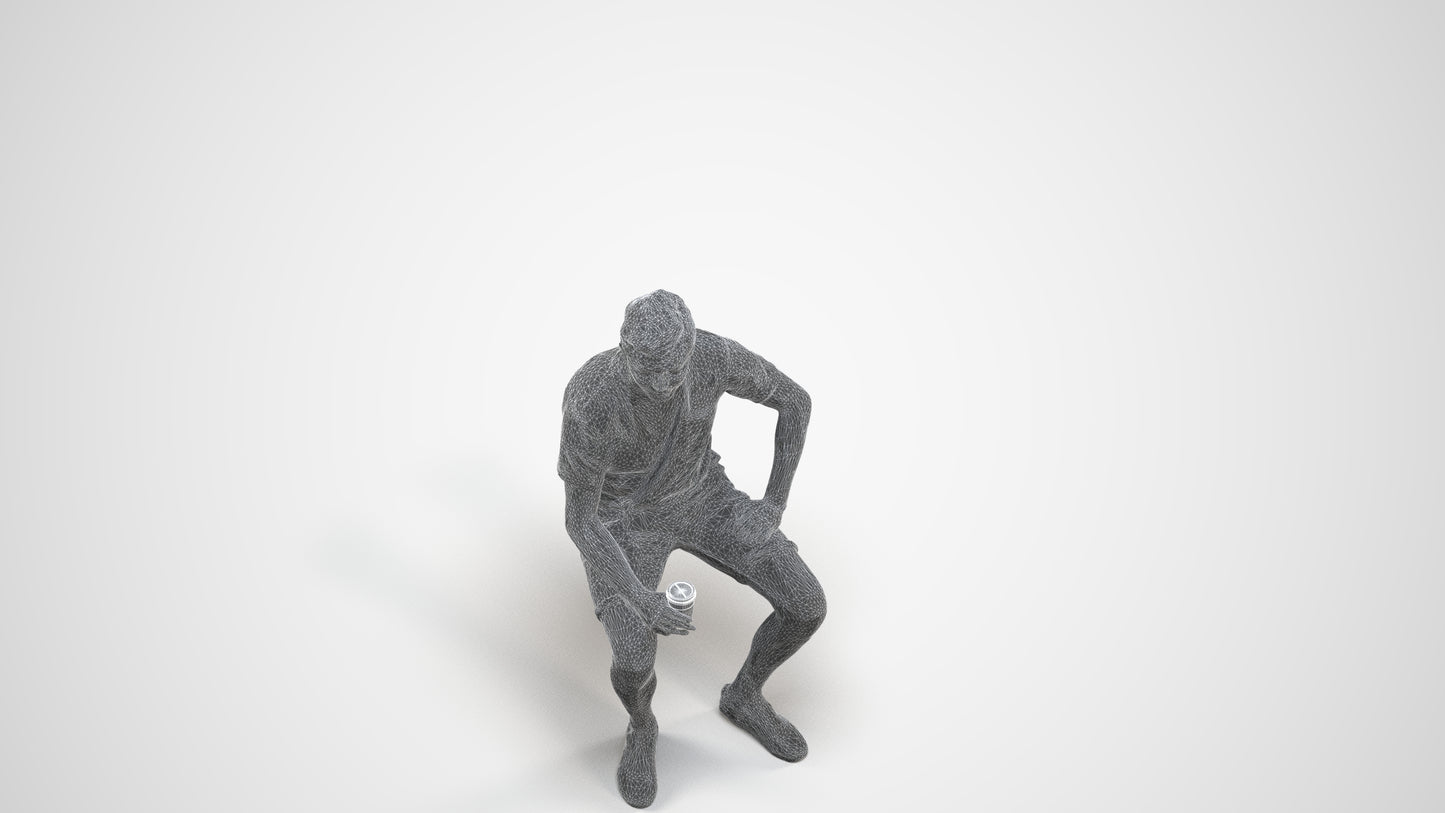 realistic 3D man casual sitting, scanned archviz people for Blender and 3ds Max, wireframe three-quarter view