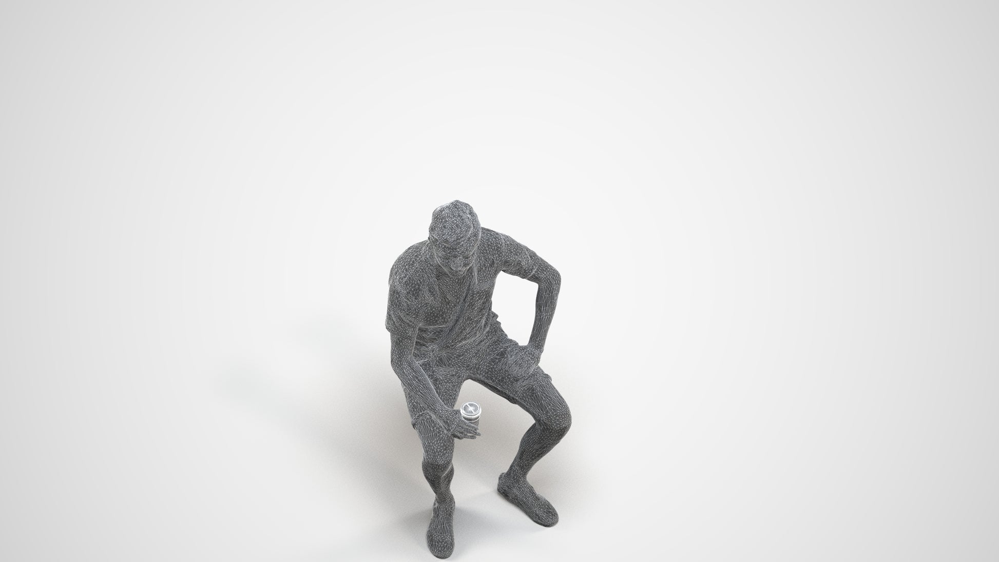 realistic 3D man casual sitting, scanned archviz people for Blender and 3ds Max, wireframe three-quarter view
