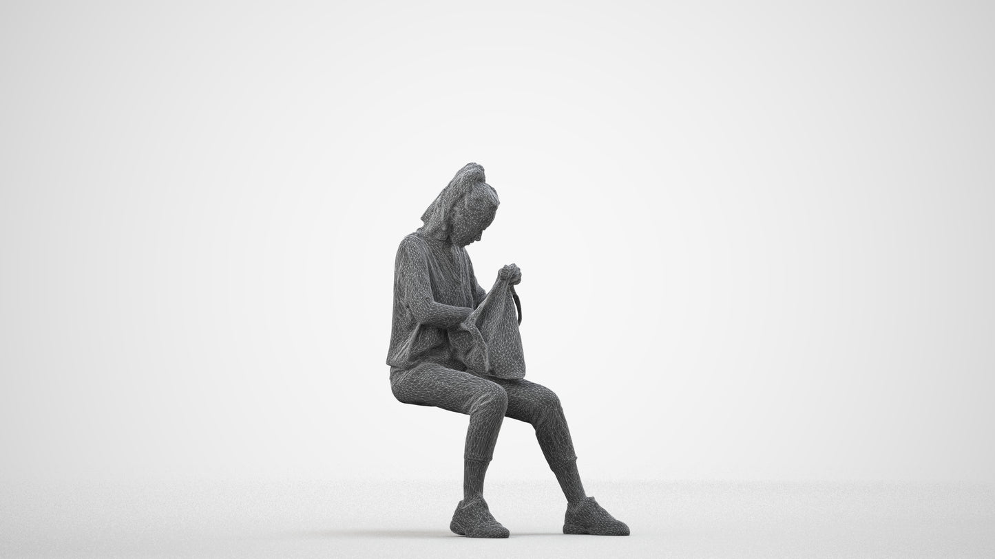 photogrammetry 3D woman casual sitting, realistic human model archviz FBX, wireframe side view
