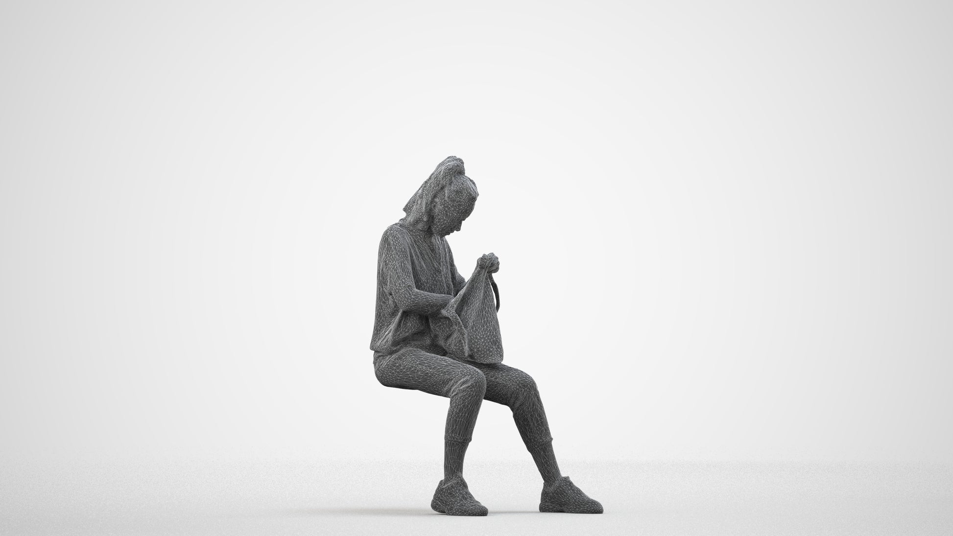 photogrammetry 3D woman casual sitting, realistic human model archviz FBX, wireframe side view