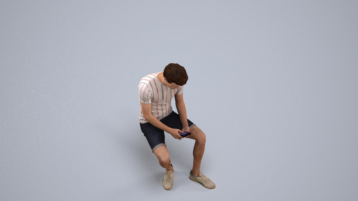 realistic 3D man casual sitting, scanned archviz people for Blender and 3ds Max, back view render