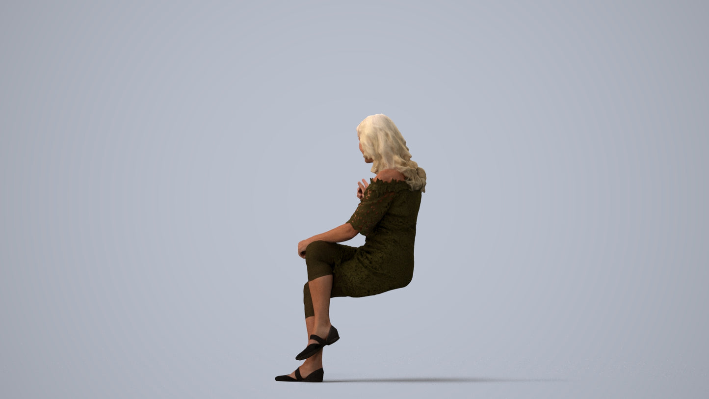 3D human model senior woman casual sitting, photogrammetry scanned person for archviz, three-quarter view render