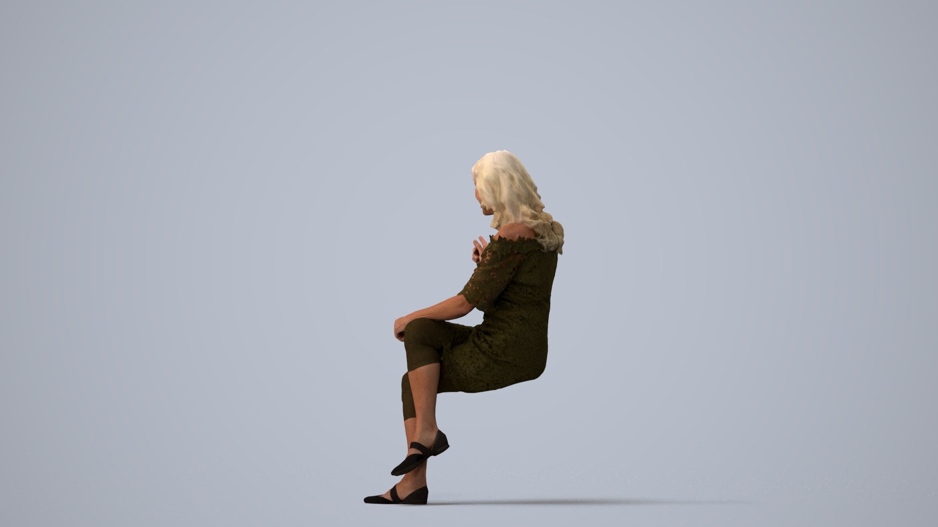 3D human model senior woman casual sitting, photogrammetry scanned person for archviz, three-quarter view render