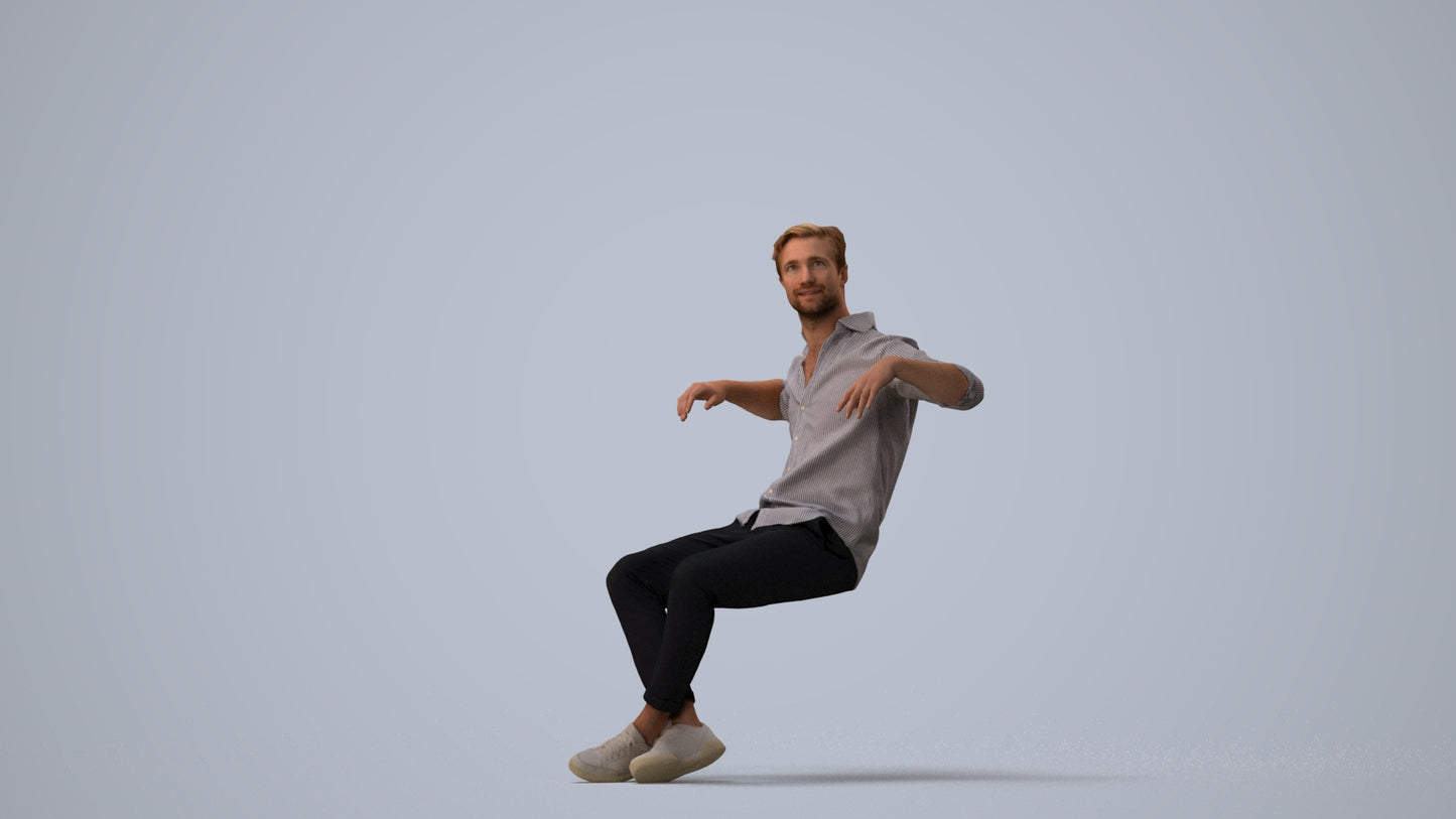 realistic 3D man casual sitting, scanned archviz people for Blender and 3ds Max, three-quarter view render