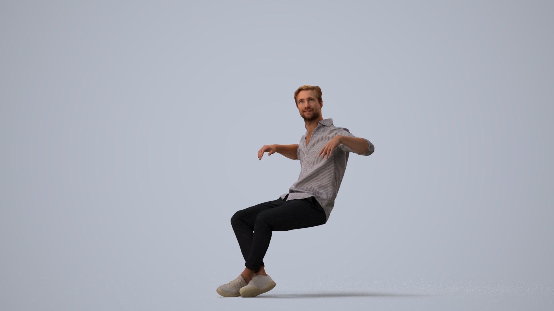 realistic 3D man casual sitting, scanned archviz people for Blender and 3ds Max, three-quarter view render