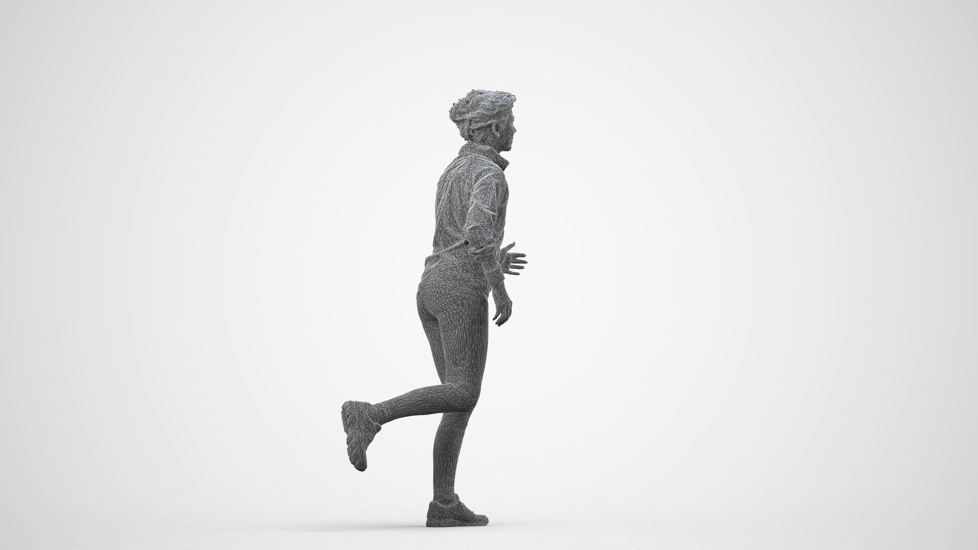 3D human model woman sport, photogrammetry scanned person for archviz, wireframe side view