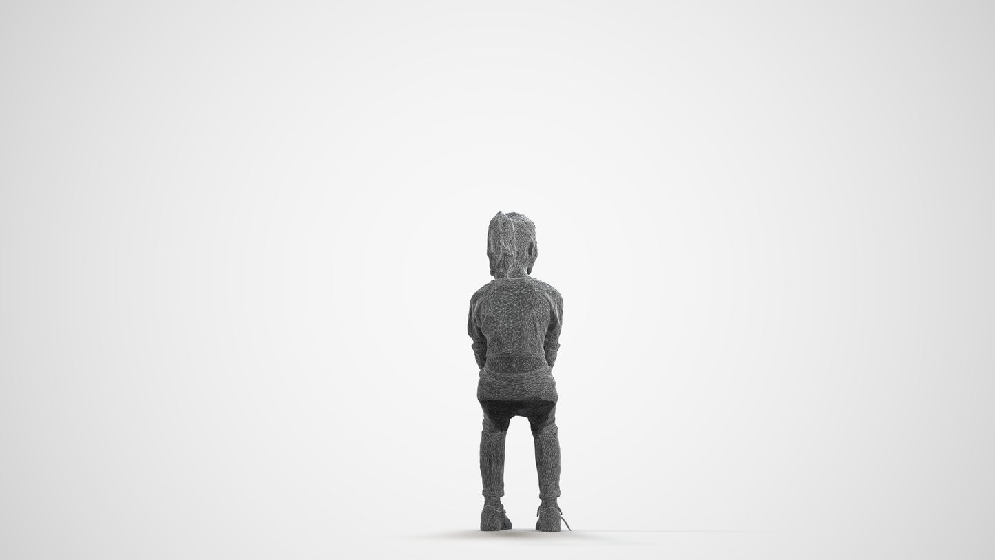 3D human model girl casual kids, photogrammetry scanned person for archviz, wireframe front view