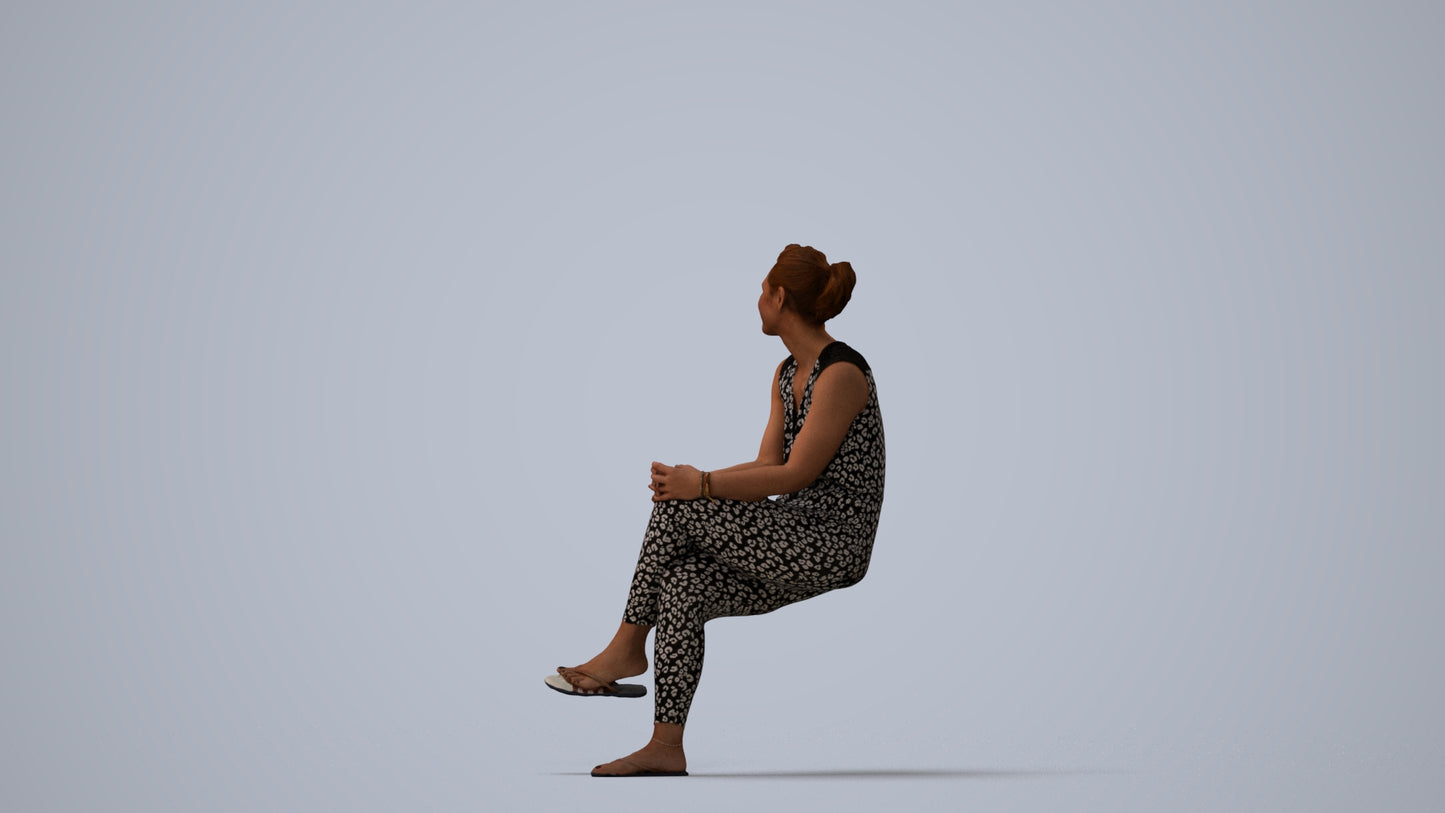photogrammetry 3D woman casual sitting, realistic human model archviz FBX, three-quarter view render