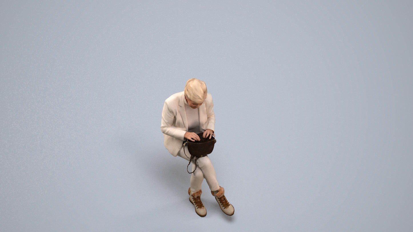 photogrammetry 3D senior woman business sitting, realistic human model archviz FBX, back view render