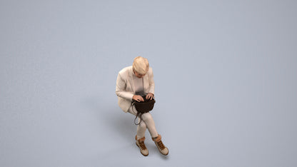 photogrammetry 3D senior woman business sitting, realistic human model archviz FBX, back view render