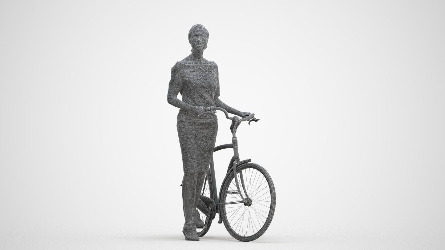 realistic 3D senior woman casual cycling, scanned archviz people for Blender and 3ds Max, three-quarter front view render