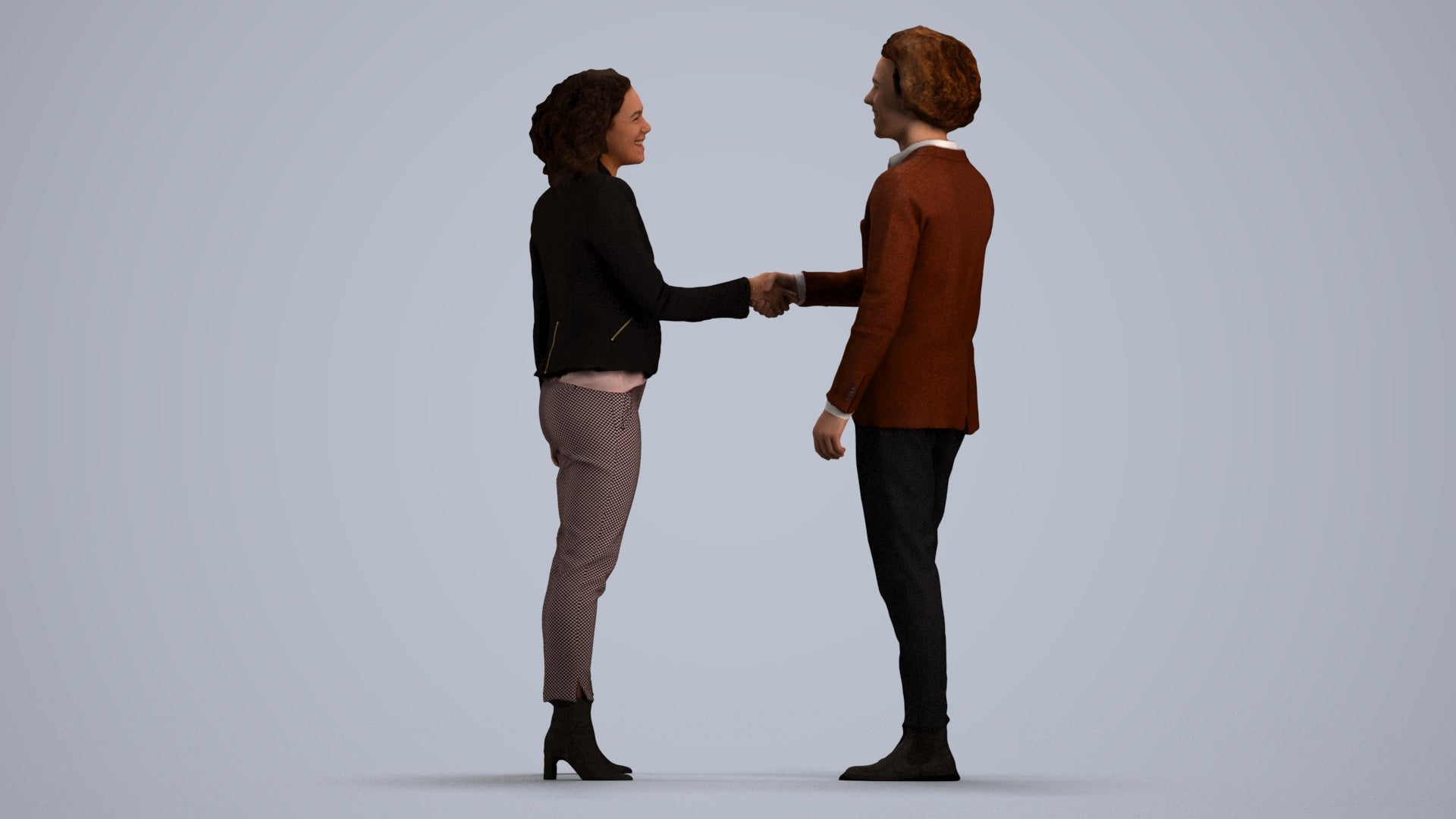 3D human model woman business, photogrammetry scanned person for archviz, front view render
