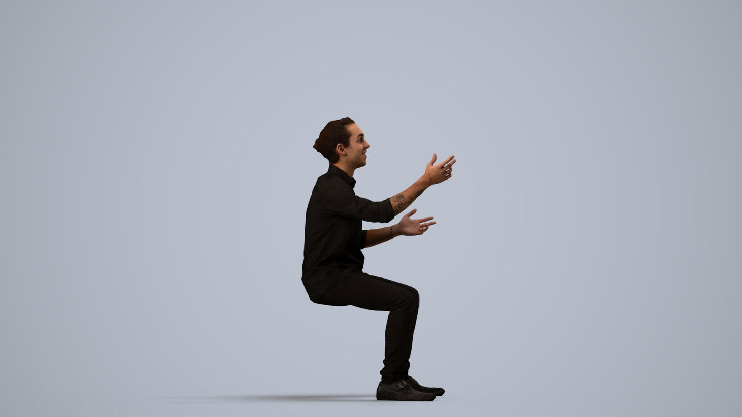 realistic 3D man casual sitting, scanned archviz people for Blender and 3ds Max, side view render