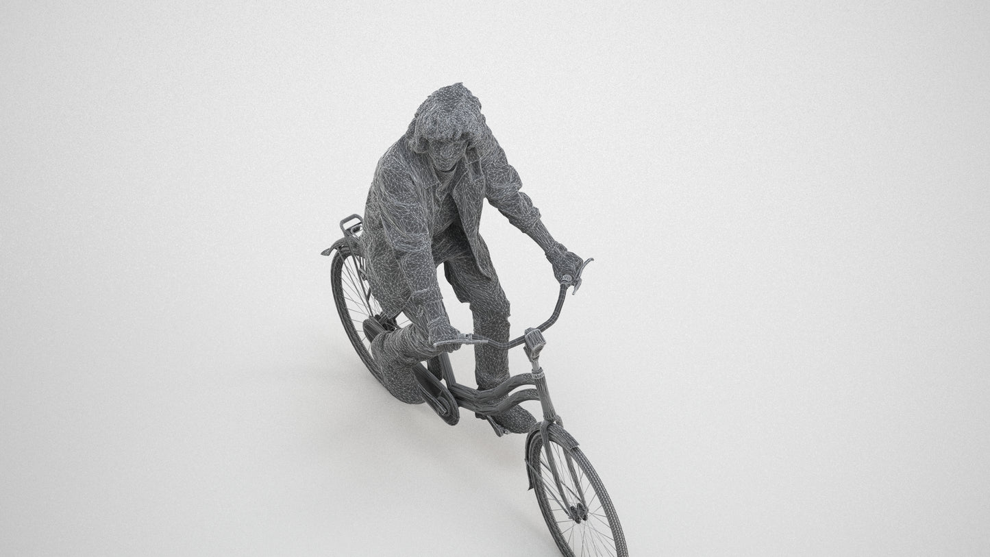 scanned 3D man casual cycling, photogrammetry people for Enscape and V-Ray, wireframe three-quarter view
