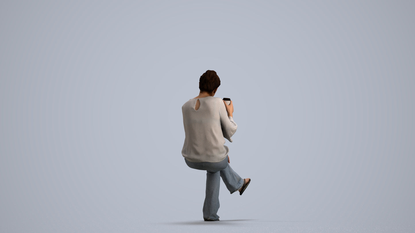 realistic 3D woman casual sitting, scanned archviz people for Blender and 3ds Max, front view render