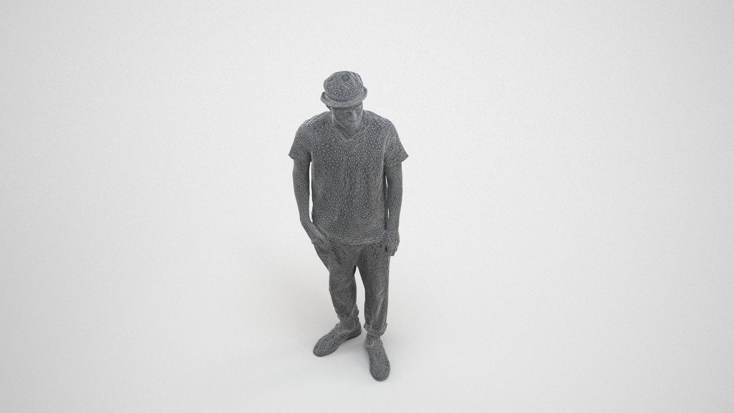 photogrammetry 3D man casual standing, realistic human model archviz FBX, wireframe three-quarter view