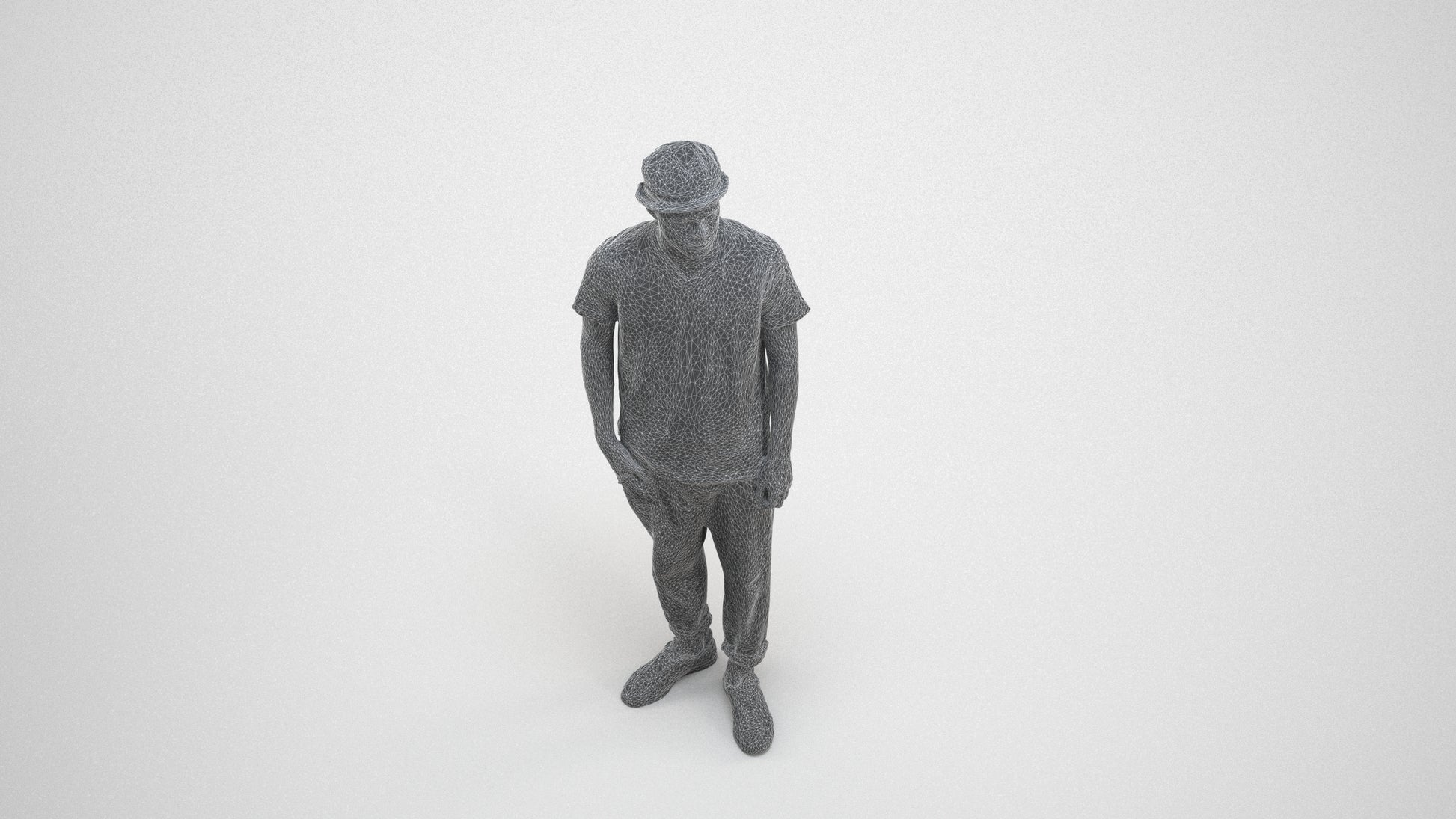 photogrammetry 3D man casual standing, realistic human model archviz FBX, wireframe three-quarter view