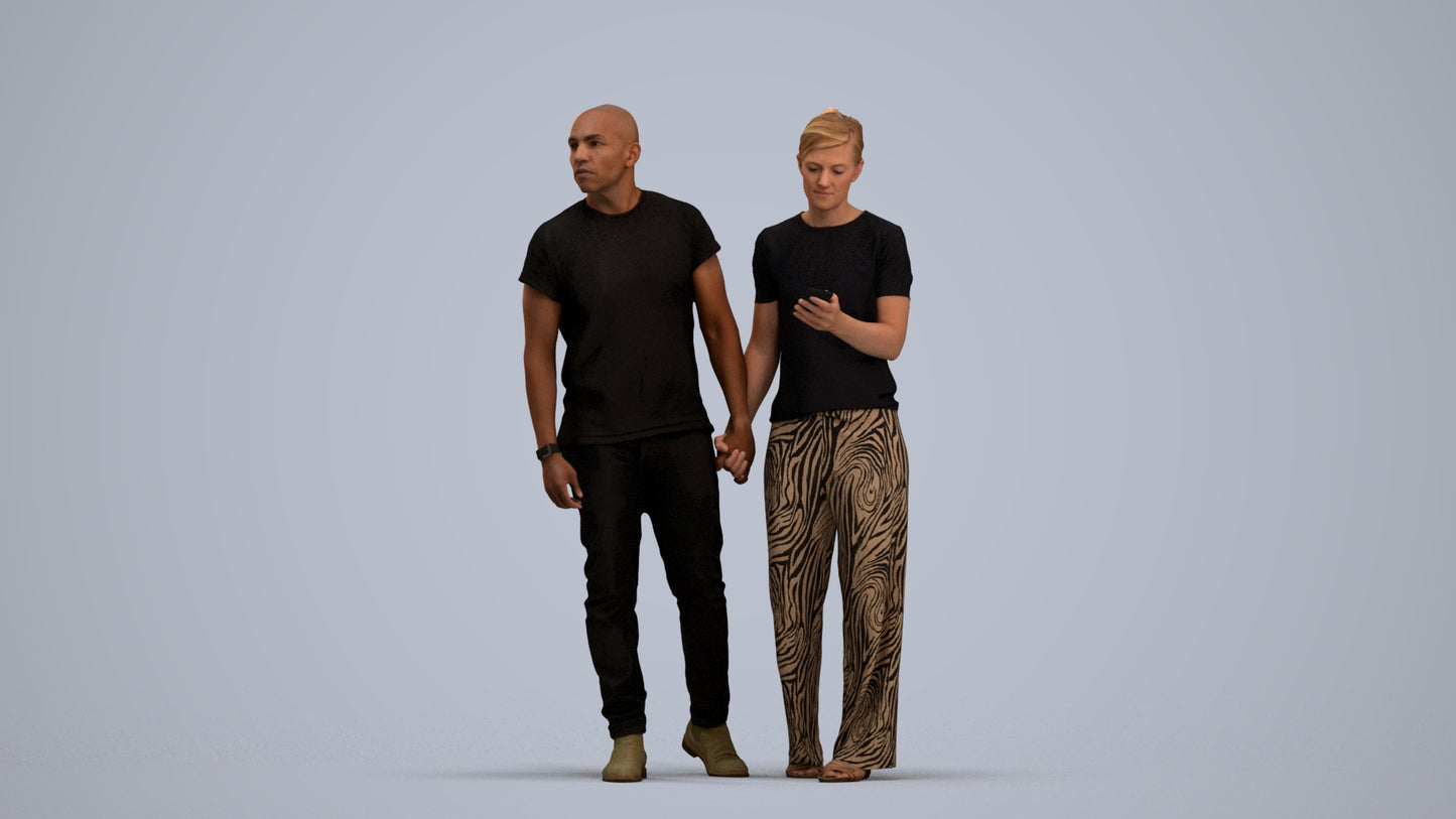 realistic 3D human woman casual couple, archviz people FBX OBJ for Blender, standing pose render
